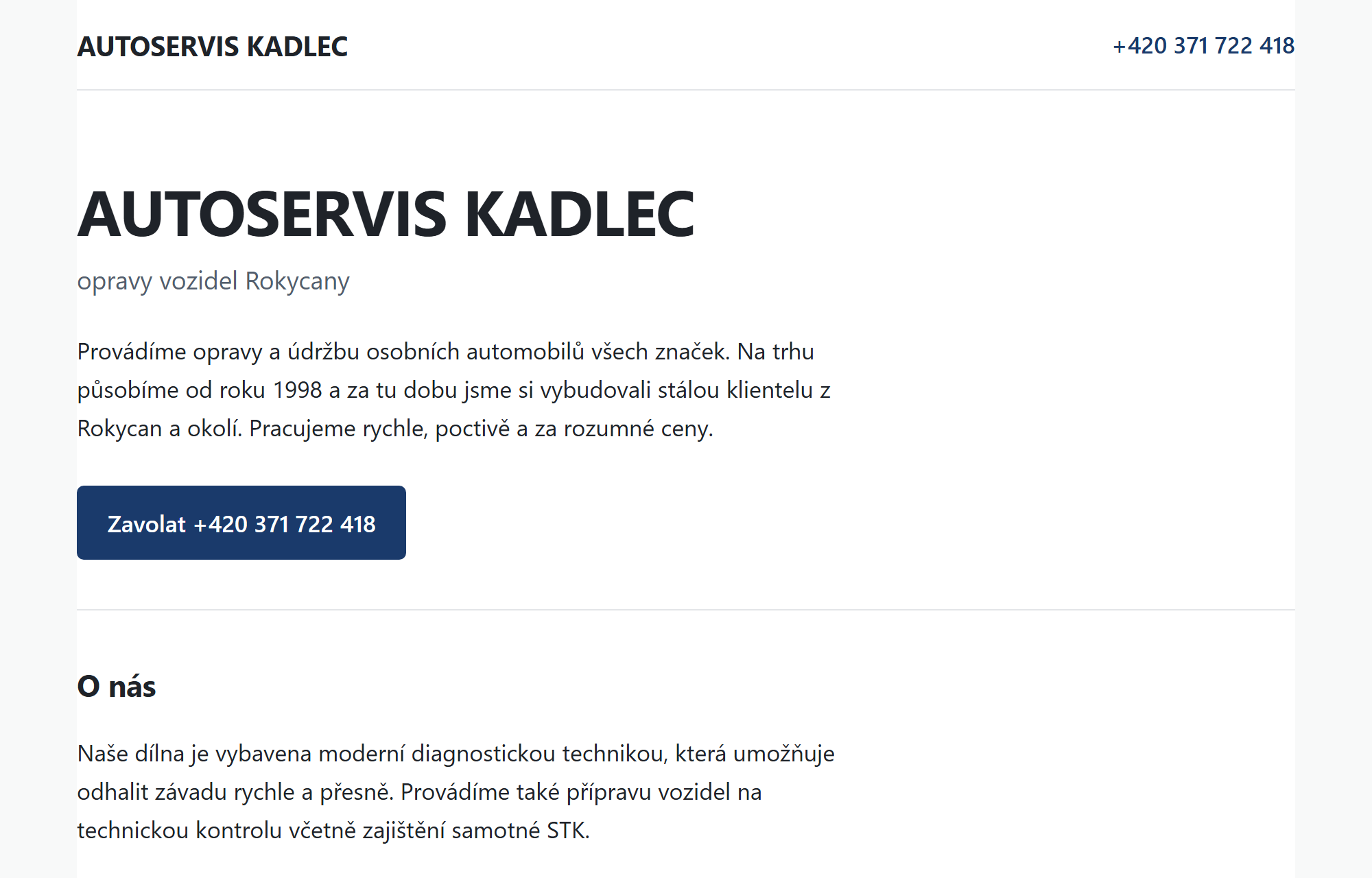 Nová podoba webu autoservisu: velký čitelný nadpis, telefon v hlavičce, otevírací doba a ceník na první obrazovce.